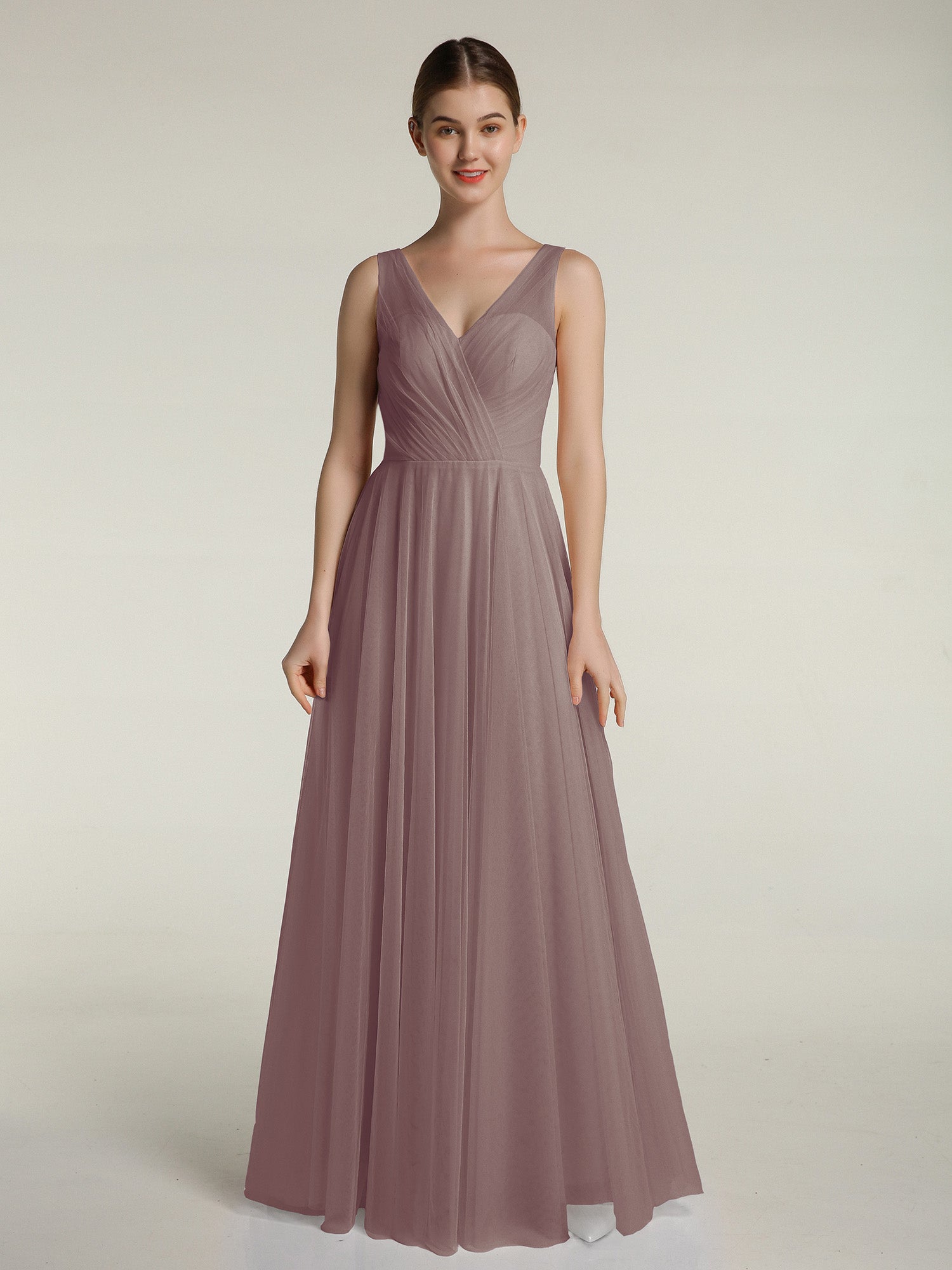 V-neck Tulle Floor Length Bridesmaid Dress Dusk